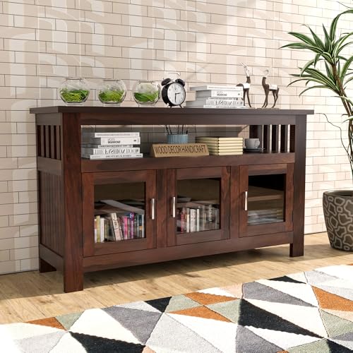 Image of Sheesham Wood Kitchen Cabinet with Glass Door | Kitchen Display Cabinet Storage,Crockery Rack | Dining Room Furniture (Walnut Finish)