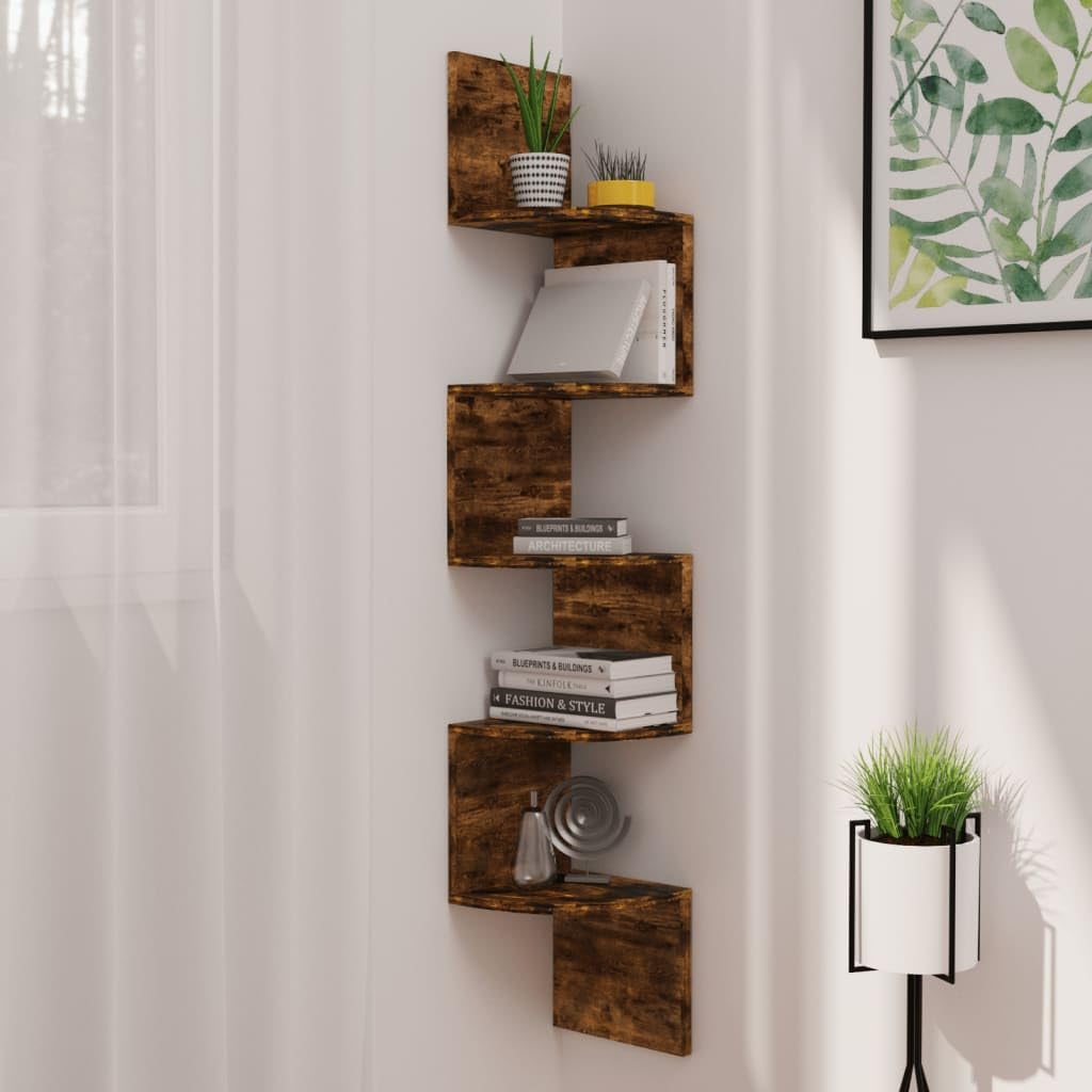 Estante esquinero de pared en roble ahumado de 19x19x123 cm para salón y dormitorio