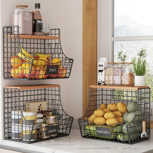 UMDONX 3 Piezas Fruteros de Cocina Metálica Cesta de Fruta de Pared Organizador de Frutas y Verduras con Tapa(Negro,29x19x27cm)