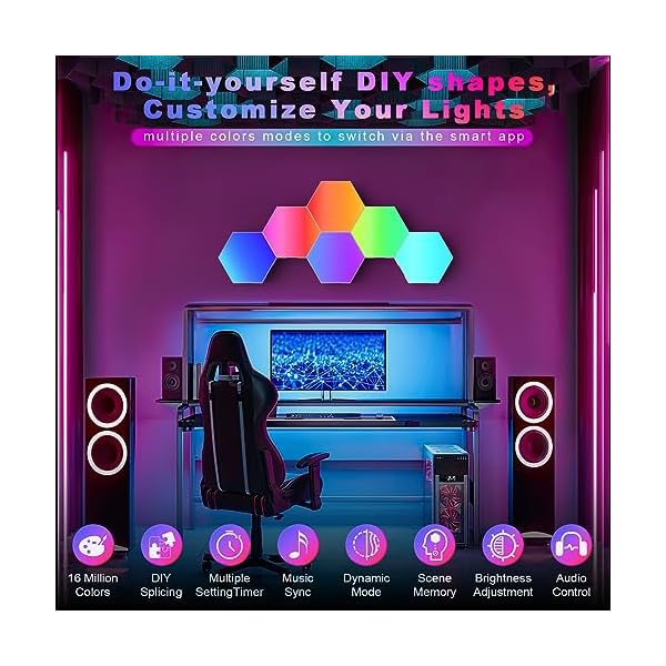 PUMPKINS 20Pcs Hexagon LED Lights, RGB Hex Light Panels, Smart Wall Gaming Panels Sync to Music for Room Bar Bedroom Home Decor Room,Gaming Setup, with App & Remote Control [Energy Class A] - Image 3