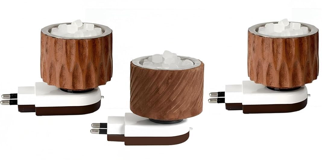 HUISCO Sheesham Wooden Finish Electric Camphor Diffuser | Plug-in Kapur Dani for Home, Temple & Office | Electric Camphor Burner for Pooja, Meditation & Air Purification | Aroma Diffuser (Pack of 3)