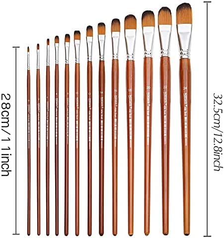 Filbert, set di 13 pennelli per dettagli ad acquerello, acrilico, guazzo, pittura a olio, manico lungo, strumenti per capelli in nylon