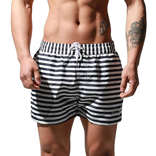 Men's Striped Board Shorts Beachwear Quick-Dry Nylon Loose Swimming Trunks