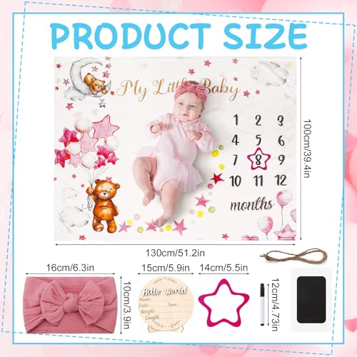 Image of Bear Monthly Milestone Blanket for Baby Girls Bear Star Balloon Flannel Blanket Newborn Infant Swaddle Baby Growth Blanket Photography Background with Wooden Signs,Frames,Headband