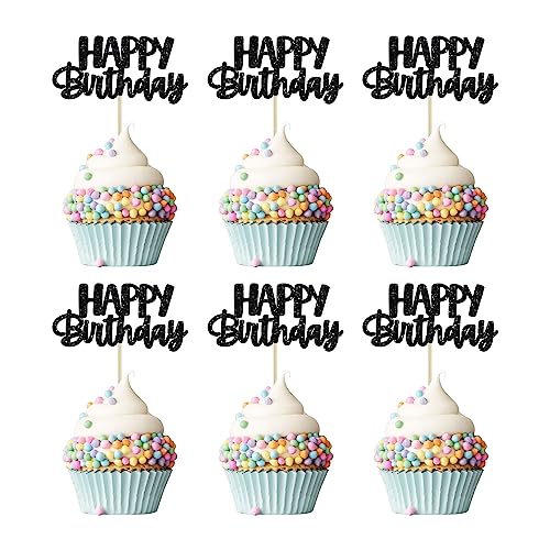 Gyufise Happy Birthday Cupcake Toppers Black Glitter Birthday Cake Topper Picks Dessert Topper Decoration For Birthday Party Anniversary Celebration #TOP25