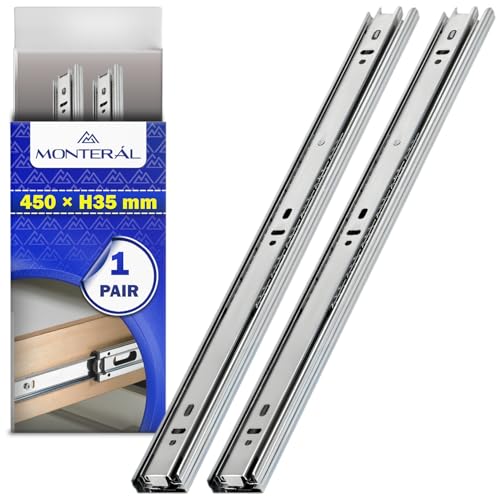 1 Par Guias Correderas para Cajones con Rodamientos de Bolas 450 mm x H 35 mm - Rieles para Cajones Telescopicas de Extensión Total - Garantía de 10 Años - MONTERAL