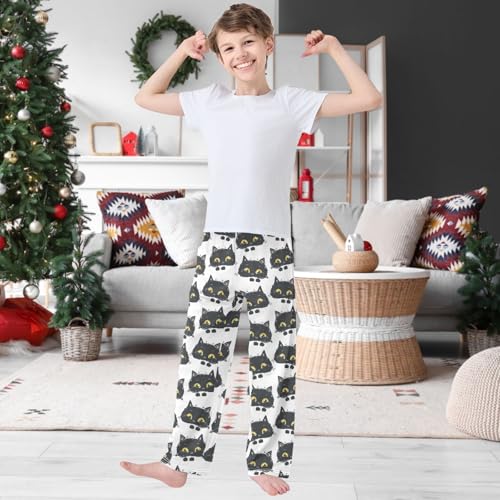 Boy's Pj Pants Black Cat Yellow Eyes Doodle Lounge Bottoms Elastic Kids Sweatpants Joggers with Pockets Size 6-142