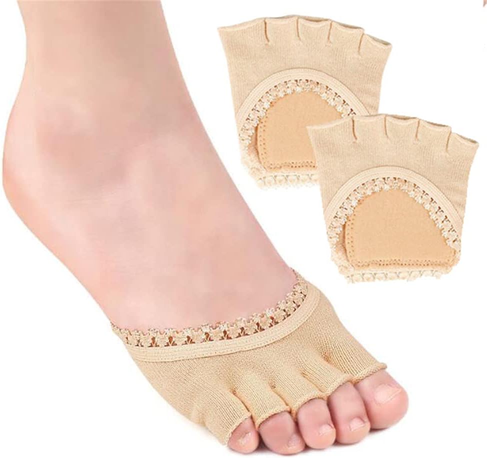 Open Five Toes Half Socks, Breathable Sweat-Absorbent Peep Toe Forefoot Socks Anti-Slip Lace Invisible Forefoot Pad, Relief Foot Pain Toe Separator Socks Women Flat High Heels Heelless Toeless Socks