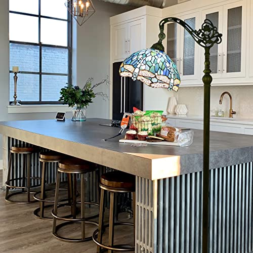 Jgwsmq Tiffany Floor Lamp Sea Blue Dragonfly Stained Glass Arched Lamp 12X18X64 Inches Adjustable Corner Standing Lamp Reading Light For Study Bedroom Living Room Decor #TOP5