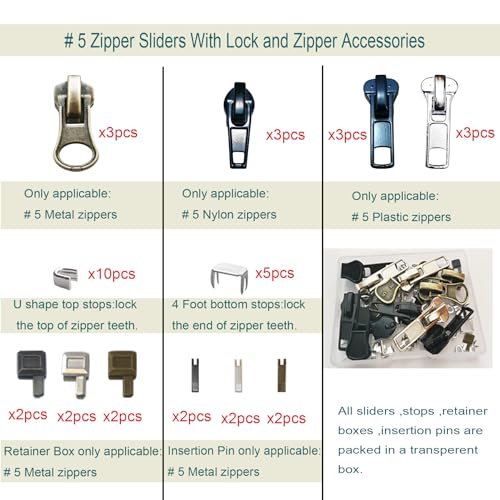 JOSDIOX Zipper Repair Kit: #5 Sliders with Pulls (12 Pcs) 5 Metal Zipper Retainer Box & Insertion Pins (6 Sets) Replacement Zip Bottom/Top Stops – Metal, Plastic, Nylon Coil Heads for Jacket Repair. - Thumbnail 2