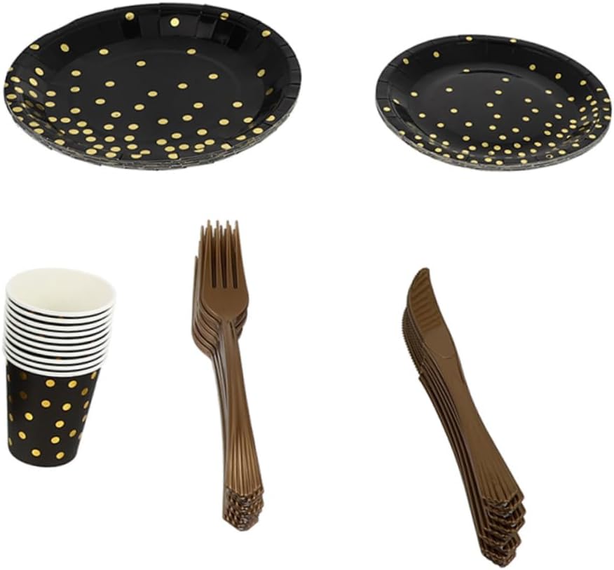 Healeved 25sets Gold Disposable Paper Plates and Cups Set with Plastic Forks and Knives Party Supplies for Graduation Weddings and Events Heavy-duty Black Gold Design