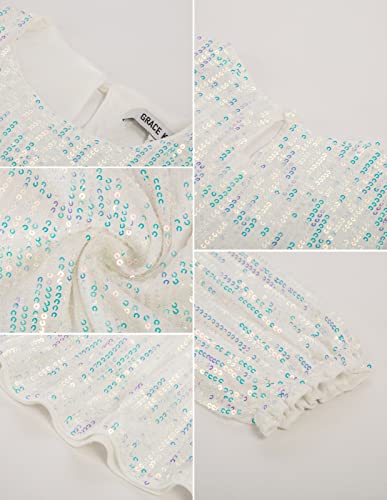 Grace Karin Girl's Long Sleeve Crew Neck Sequined A-Line Dress With Hair Bow White Multicolor #TOP3