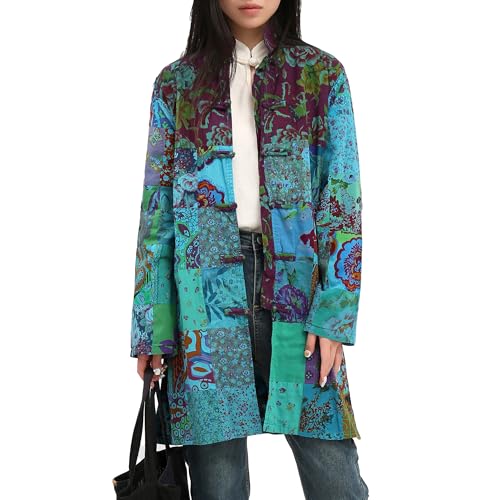 FioraMosaic Women's Boho Floral Patchwork Jacket Lightweight Color-Blocked Plaid Windbreaker