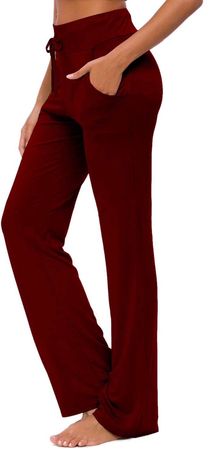 ADANIKI Womens Yoga Pants with Pockets Straight-Leg Loose Comfy Modal Drawstring Lounge Running Long Active Casual Sweatpants (Jujube Red, XL)