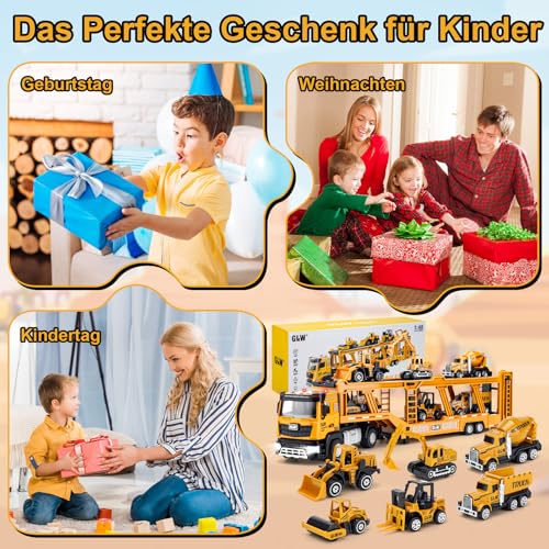 Kinderspielzeug für Jungen ab 3 Jahren: Spielzeug LKW mit Licht & Sound Baufahrzeug-Spielzeugset mit Bagger, Bulldozer, Kipper, Fahrmischer, Straßenwalze, Gabelstapler, Geschenk für Jungen 3-7 Jahre