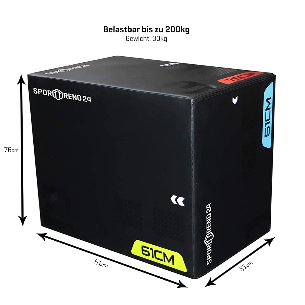 Sporttrend 24® Plyo Box Holz mit PVC Ummantelung 60 x 50 x 75cm schwarz, bis 200kg belastbar, Sprungkasten, Sprungbox, Sprungkiste für Body Workouts