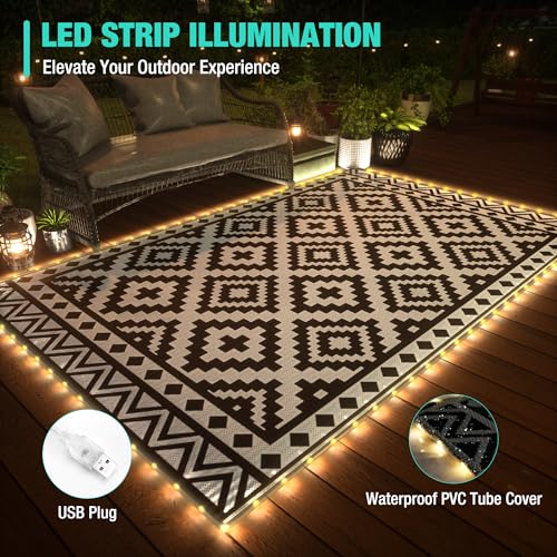 HAUSHOF 5\'X8\' Outdoor Rug Waterproof with LED Strip Light, Reversible Outdoor Plastic Straw Rug, Patio Rug with 4 Rug Stakes, Outdoor Carpet Mat for RV, Camping, Beach, Porch, Balcony, Black&White