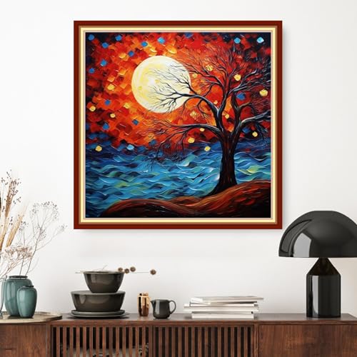 Image of Dimxvean Stamped Cross Stitch Kits,Cross Stitch Kits for Adults Beginners,Embroidery Kits Full Range of Cross Stitch Stamped Kits Needlepoint Kits Cross Stitch Patterns-Moon Tree 18x18 inch