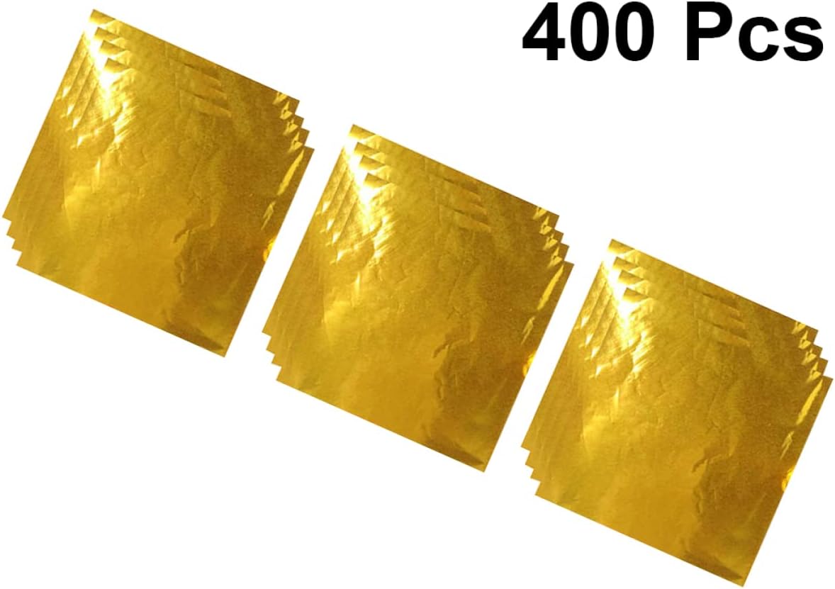 KICHOUSE 400 Pcs 8x8cm Golden Aluminum Foil Wrapping Paper Candy Packaging Tea Leaves Snack Wrapper Gold Chocolate Wrapper Safe