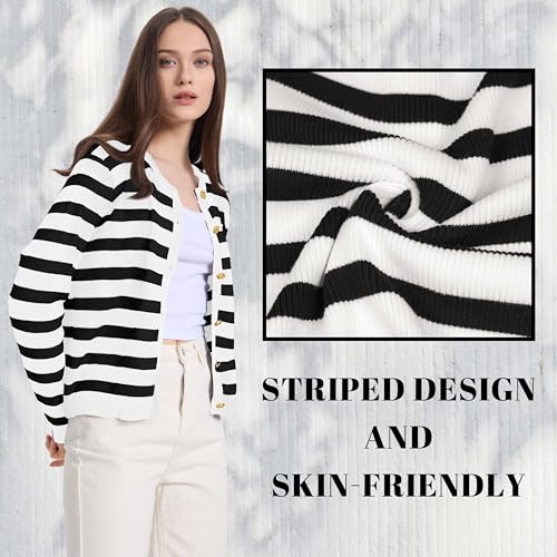 Image of Women's Striped Cardigan Sweaters Lady Jackets Open Front Button Down Cropped Knit Coat Oufits Trendy Outerwear