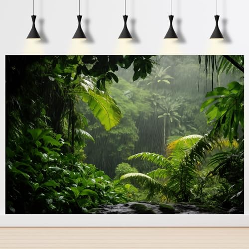Image of Raining Rainforest Aquarium Background Tropical Rain Shower Green Jungle Leaves Fish Tank Background Lush Foliage Wet Forest Reptile Tank Backgrounds Foggy Trees Reptile Enclosure Backgrounds 24x12in