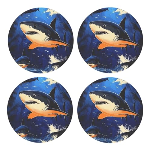 BoltPack Posavasos redondos con diseño de tiburón azul con base de corcho, juego de 4 posavasos, alfombrilla de protección de mesa para tazas y tazas