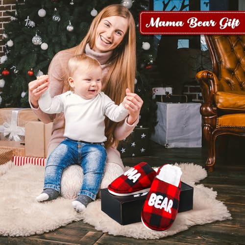 Women's Christmas Plush Slippers for Mom - Buffalo Plaid Mama Bear Theme