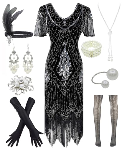 Image of Women 1920s Gatsby Vintage Sequin Flapper Fringe Party Plus Dress with 20s Accessories Set