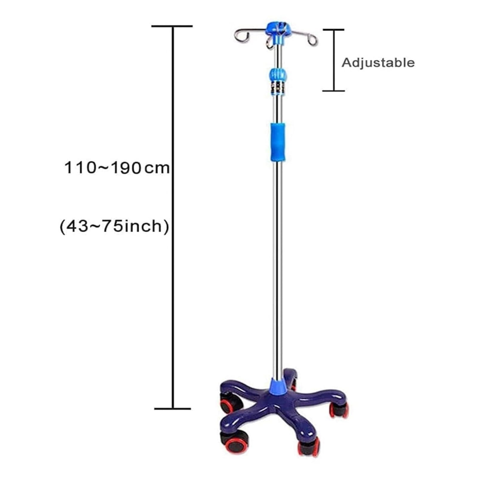Soportes for IV con ruedas, 2 ganchos, 5 patas, altura ajustable, 1,5-2 m, con ruedas de freno, acero inoxidable Postes IV