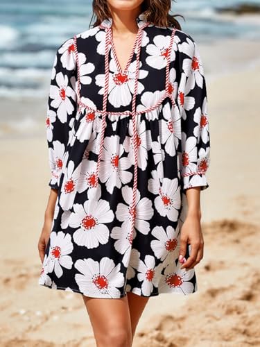 Image of Cicy Bell Womens Floral Mini Dresses 3 /4 Balloon Sleeve V Neck Flowy Babydoll Dress Summer Beach Vacation Boho Outfits