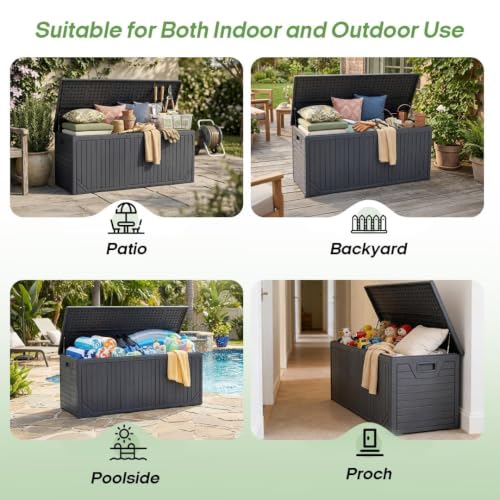 Image of 370 Gallon Extra Large Deck Box Waterproof, Thick Resin, Black