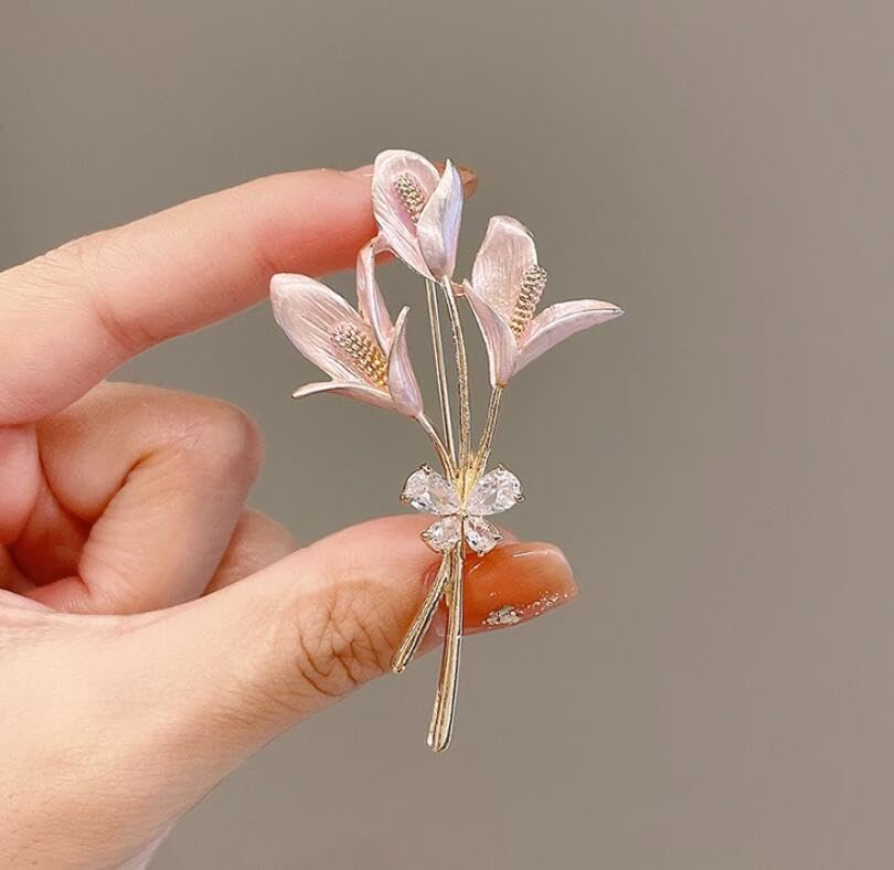 Image of Elegant Pink Lily Flower Brooch Pin for Women - Rhinestone Lily Lapel Pin for Coats, Jackets, and Sweaters