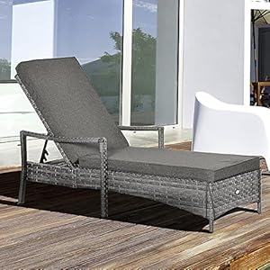 Outsunny wicker chaise lounge 4 position adjustable backrest and cushions outdoor lounge chair pe rattan sun lounger for poolside balcony or garden dark grey  urban country home decor