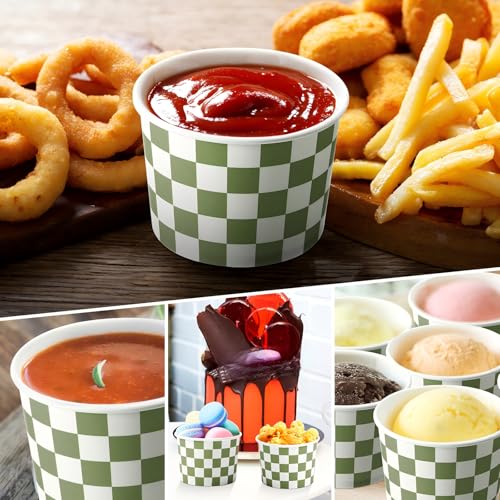 Image of Zopeal 50 Count Sage Green Checkered Ice Cream Cups Disposable Race Car | Dessert Bowls 9 oz, Paper Ice Cream Bowls, Birthday Party Supplies, Snack Cups Sundae Picnic Yogurt Bowls for Food