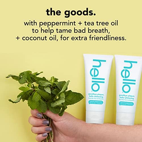 Hello Goodbye Plaque + Whitening Fluoride-Free Toothpaste, Natural Peppermint Flavour, Peroxide Free & SLS Free, 82 ml