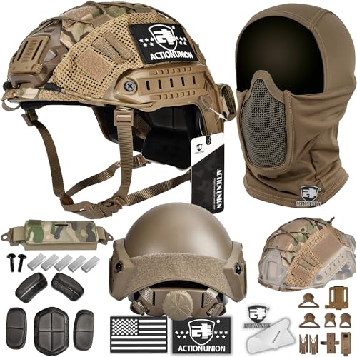 ACTIONUNION Airsoft Helmet and Mask Pro Set Tactical Paintball Helmet and Balaclava Mesh Mask MH Type with Counterweight (Tan Medium)