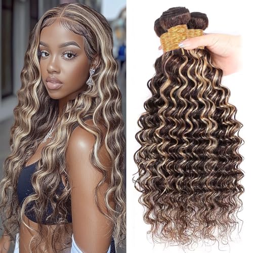 Dokksiiia Blonde Deep Curly Weave Bundles Human Hair P4/613 Piano Color (26/28/30 Inch) Highlight Chocolate Brown and Light Blonde Bundles Double Weft Brazilian Human Hair Extensions
