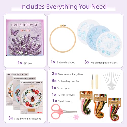 Image of Uniartfy 3 Pack Bee Flower Embroidery Kits for Beginners, Cross Stitch Kit for Adults, DIY Needlepoint with Embroidery Hoop, Tools, Easy to Learn Video & Instructions, Hand Embroidery Starter Kit