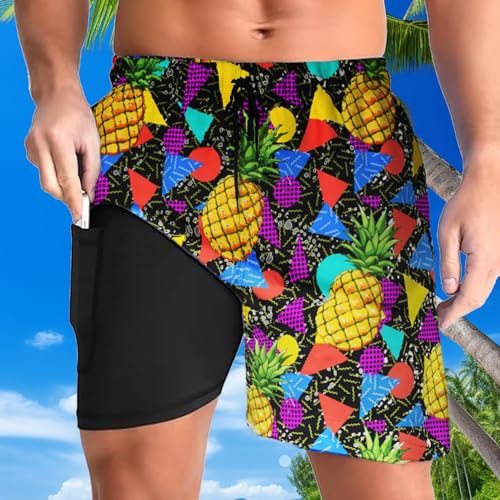 2 in 1 Mens Swim Trunks with Compression Liner 80s Pineapples 90s Quick Dry Party Beach Shorts with Zipper Pockets3