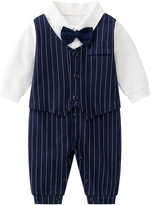 Newborn Baby Boy Gentleman Romper Tuxedo One-Piece Outfit with Bow Tie, 100% Cotton Long Sleeve Formal Wear