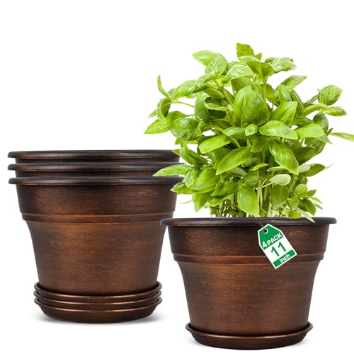 Plant Planters Pots Set of 4 Pack 11 Inch, Plastic Flower Pot for Indoor Plants with Drainage Holes & Trays, Resin Decorative Container Sets with Saucer for House Outdoor Garden Planters Copper