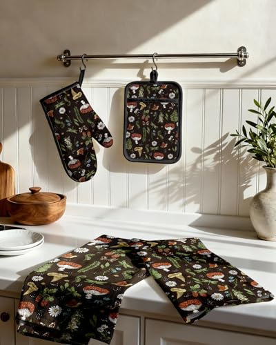 Miss Adola Cotton Kitchen Towels, Oven Mitt and Pot Holder - 4 Pack Kitchen Decor and Accessories Set Spring Cute Farmhouse Boho Quilted Lining Heat Resistant Set with Hanging Loop, Black Mushroom
