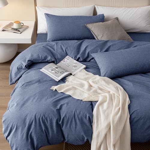 JIYUAN 100% Washed Cotton Duvet Cover Set 2 Pieces Twin, 1 Duvet Cover 68x90 Inches(Comforter Not Included) and 1 Pillowcase,Linen Like Comfy and Breathable,Heathered Blue