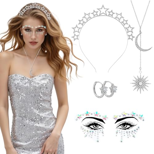 Xerteam Sterne Haarreif Silber Set, Sonne Mond Halskette, Stern Stirnband, Sterne Ohrring, Glitzer Gesichtstattoo, Fasching Kostüm Kopfschmuck Accessoires für Damen Mädchen Tanzen Party Dating