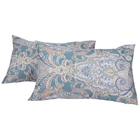 WBYCOTBED 2 Piece Teal Paisley Pillow Cases Queen Size, 100% Cotton 600TC Pillow Covers with Envelope Closure Cover