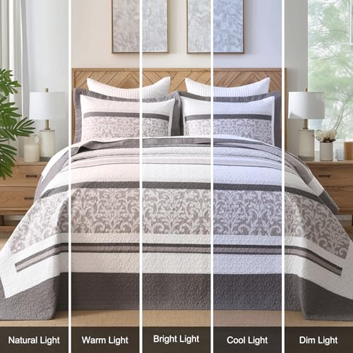 Bedduvit 100% Cotton 120"x128" Oversized California King Bedspreads - Farmhouse Botanical Cal King Bedspread Set, 3pcs Lightweight Rustic Striped Patchwork Extra Large Cotton Quilts, Brown/Gray/White - image 7