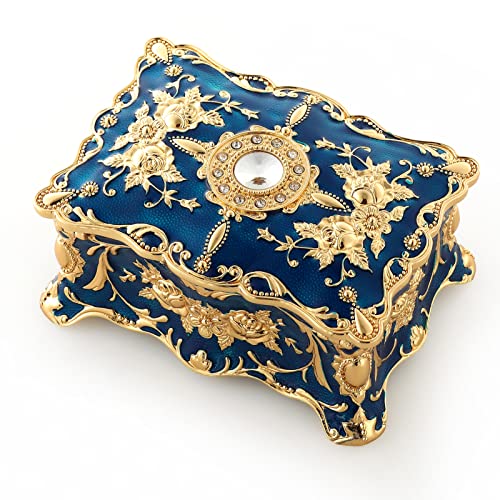 Rosiking Blue Rectangle Emboss Alloy Metal Music Box Wind Up Antique Jewelry Musical Boxes Christmas Birthday Valentine's Day Gifts Plays Anastasia-Once Upon A December #TOP2