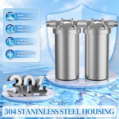 OEMIRY Whole House Water Filter, Stainless Steel Filter Housing, 2-Stage 10"x4.5" Sediment Carbon Filter Pre-Filtration System for Well or City Water, 1" or 3/4" NPT Port, 2 Filters — view 5