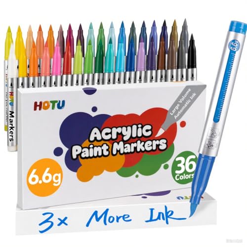 HOTU 36 Colors Acrylic Paint Markers for Rock Glass Paper Fabric Wood and Coloring books - Large Capacity (6.6g Each) Paint Pens - Art and DIY Crafts Supplies Kit - Great Gifts Idea