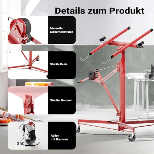Foto von Wiltec XXL Plattenheber bis max. 68 kg, Höhe 140-350 cm, max. Breite 2,90 m, Trockenbau Montagehilfe 1-Mann-Bedienung, 3 Räder mit Feststellbremse, rot